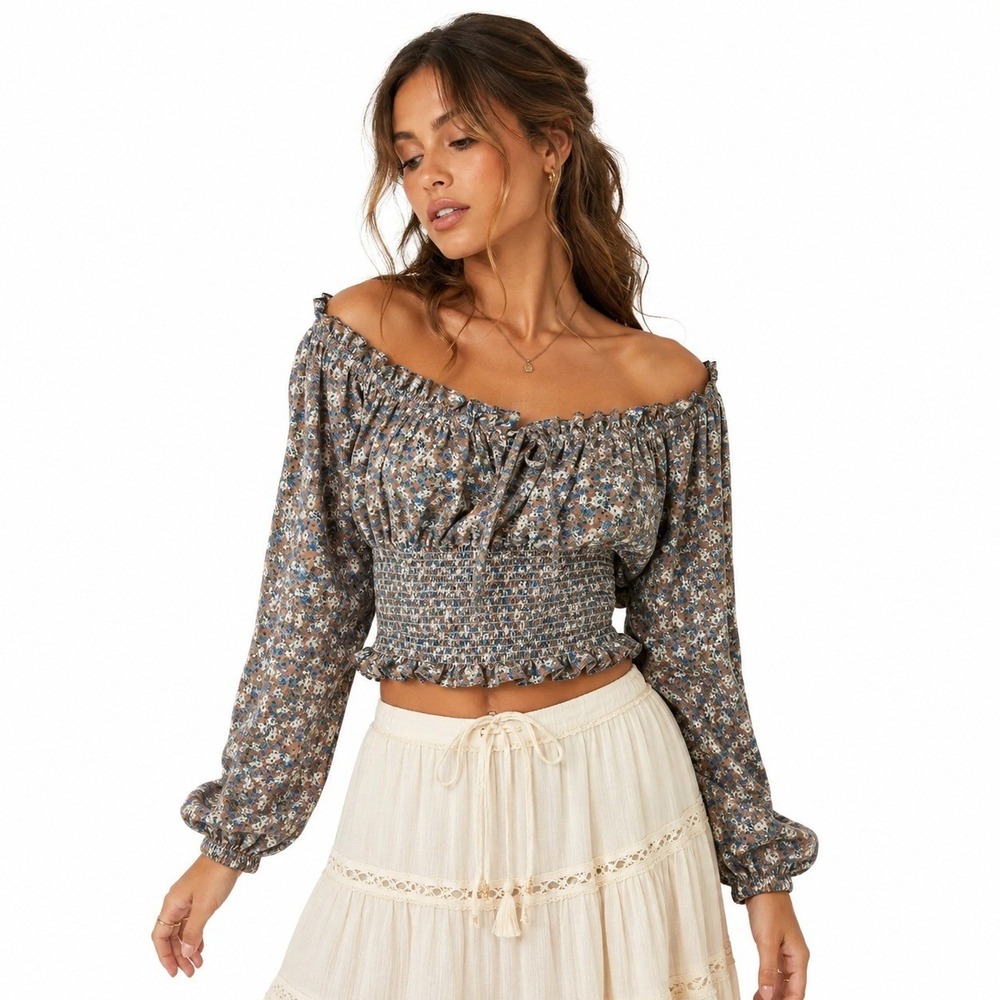 NWT Beyond the Radar Cottagecore Off Shoulder Top Brown Floral Smocked Size L